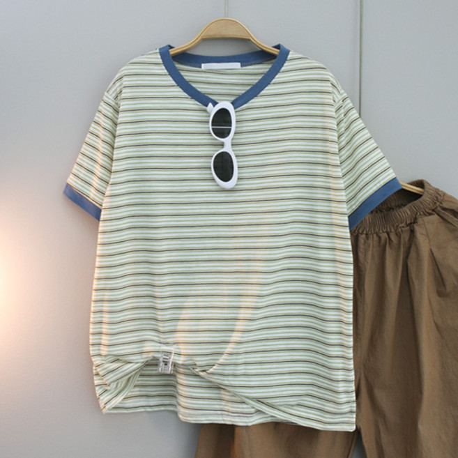 달콩 여성 슬럽배색단가라반팔티