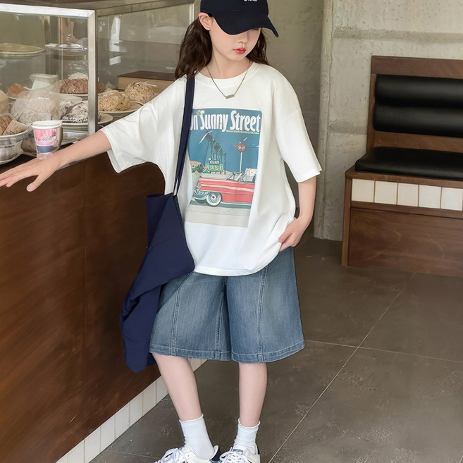 베비포 초등 중등 레드카 반팔티 청반바지 루즈핏 상하세트 SU8