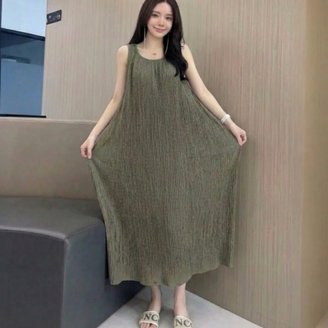 쁘띠엘라 발목기장 플리츠 빅사이즈 롱 원피스 주름 민소매 뷔스티에 나시