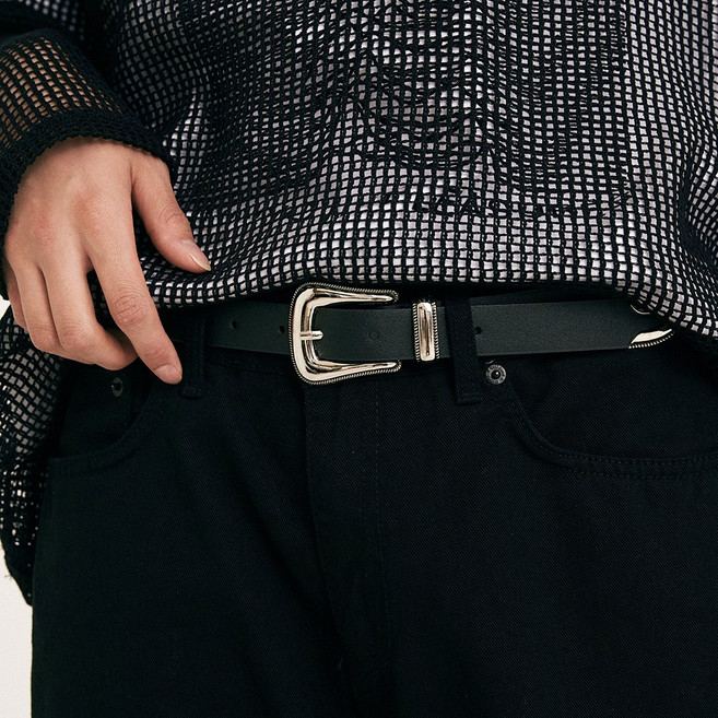 웨스턴벨트 슬림 소가죽 벨트 남자 여자 실버 버클 미니멀 허리띠 L74