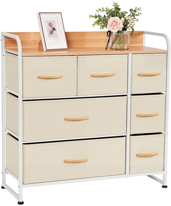 NewBoy 3단 7서랍 수납장 합금강 프레임 + 원목 상판 방수 나일론 넘어짐 방지, 크림색
