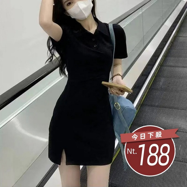 韓版氣質翻領顯瘦短袖連衣裙