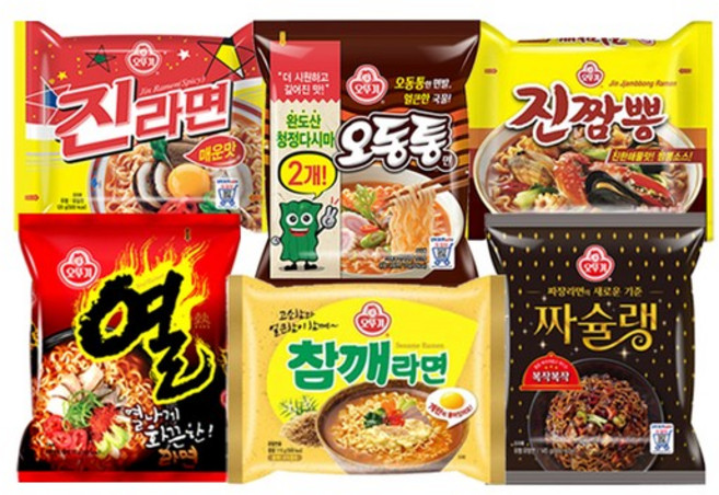 진라면 5입 + 열라면 5입 + 오동통면 5입 + 참깨라면 4입 + 진짬뽕 4입 + 짜슐랭 5입, 진라면(매)5열라면5오동통5참깨4진짬4짜슐5, 1개