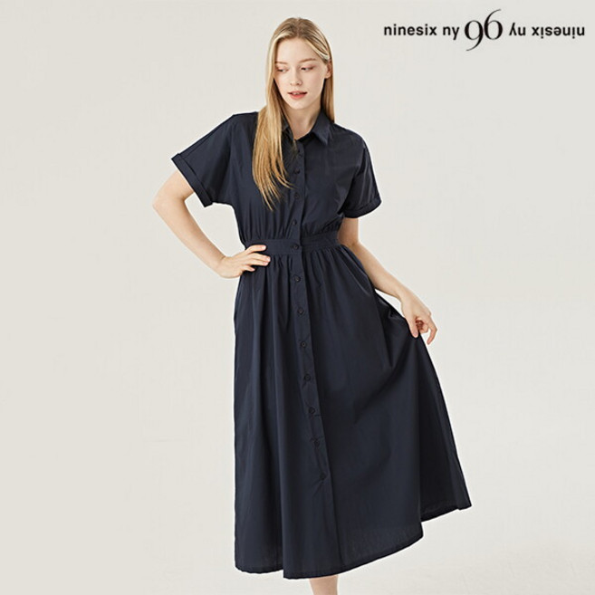 나인식스뉴욕 카라넥 셔링 버튼 뒷 밴딩 반팔 롱 원피스 NO1OW015L0