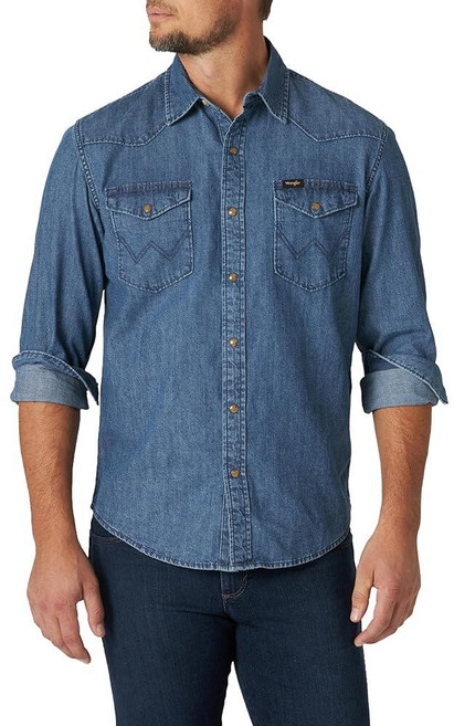 Wrangler 남성용 아이코닉 데님 레귤러 핏 스냅 셔츠 미드 틴트 데님 M