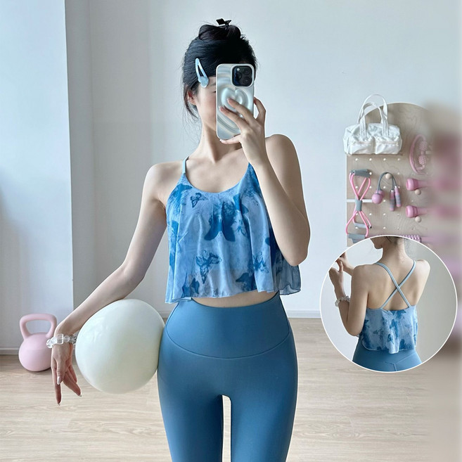 美背網紗瑜伽服背心, 1個, 風鈴藍 網紗拼接瑜伽背心L