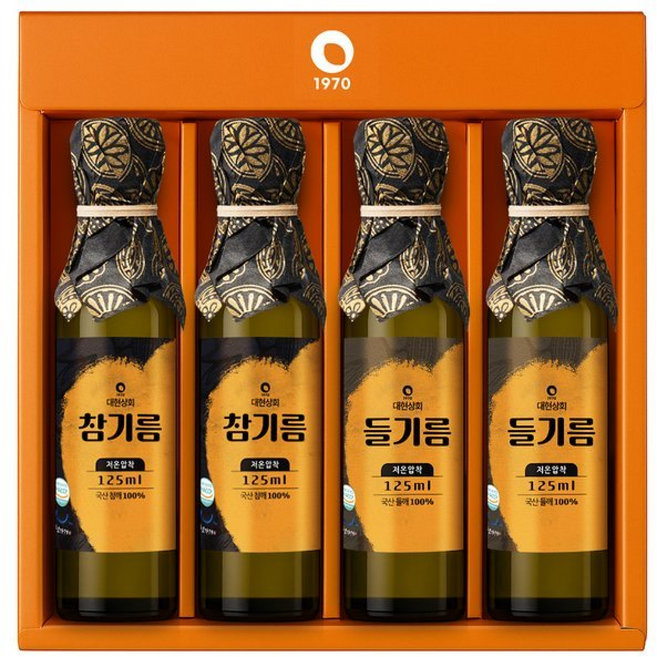 60년전통 저온압착 국산 참기름 + 들기름 선물세트 (선물상자포장), 4개, 125ml