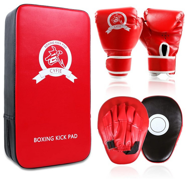 Cyfie 복싱 세트 컬러 아동용 복싱 글러브 복싱 펀치 미트 태권도 발차기 미트 권투 격투 훈련 어린이 선물, 레드, 1세트