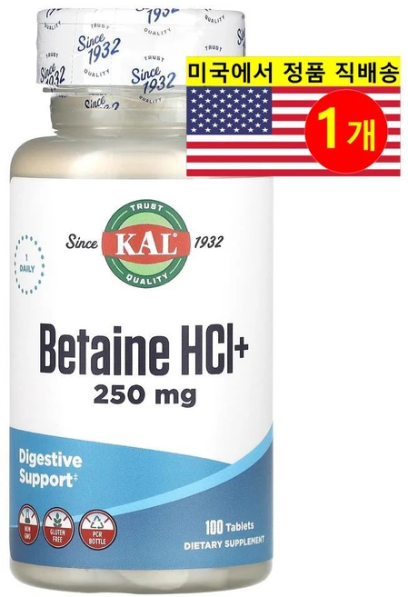 KAL 칼 다이제스티브 베타인 Betaine HCl+ 250mg, 1개, 100정 - 쿠팡