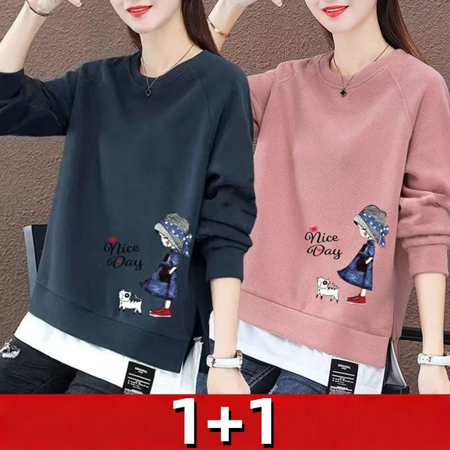 타임퓨어 1+1 여성 맨투맨 긴팔티셔츠 캐주얼 슬림핏 귀엽다 가짜 투피스 긴팔티 라운드 맨투맨상의 여성가을티 의류