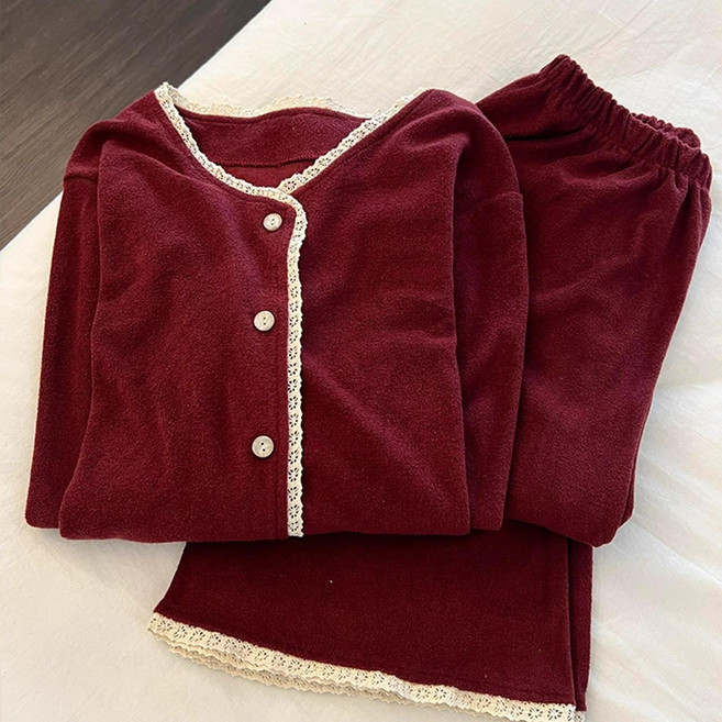 AURALA 여성 가을 겨울 잠옷 보온 카디건 새해 레드 긴팔 긴바지 레이스 라운지웨어 투피스