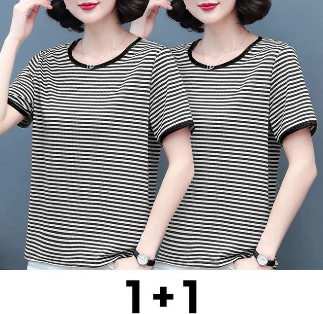 메인워크 1+1 중년 여성 빅사이즈 라운드넥 반팔 티셔츠 여름용 엄마옷 냉장고 루즈핏 스트라이프 패션 솔리드 아우터 상의 2매입