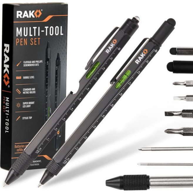 RAK 2in1 멀티공구 펜 세트 2팩 남성용 아빠 선물 LED 택티컬 라이트 스타일러스 자 레벨 병따개 스크류드라이버 볼펜 발렌타인데이, Multitool Pen Set, 1개