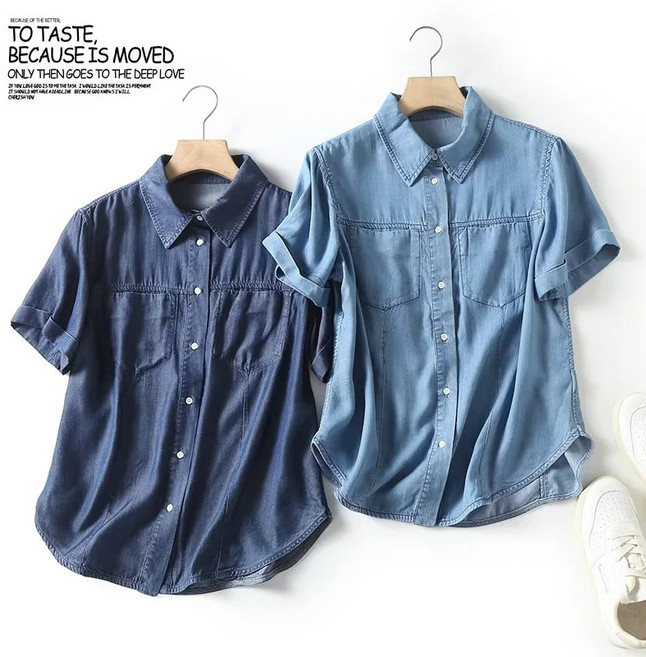 여자블라우스 여름 카라 투포켓 텐셀 데님 반팔셔츠