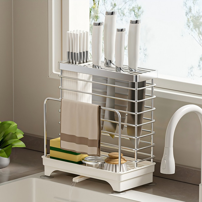 Shipshape 주방 고급형 2in1 스텐강 칼꽂이 물빠짐 수저통, 1개, 실버화이트