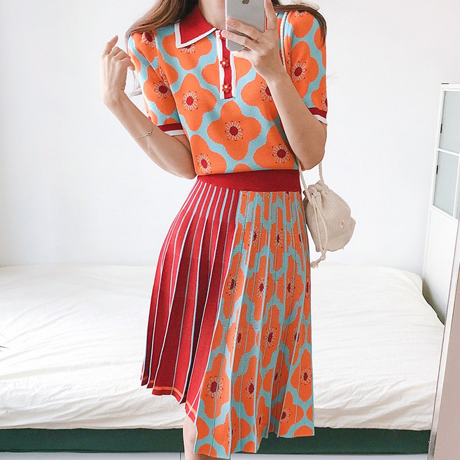 요시아나 [당일발송] 러블리 플라워 패턴 니트 투피스