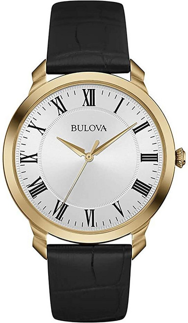 Bulova 드레스 남성용 손목시계 스테인리스 스틸 블랙 가죽 밴드 (97A123)