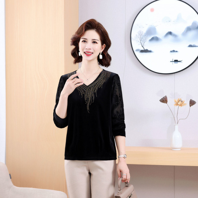 COSYEVNO 중년 엄마 긴팔 톱 가을 브이넥 핫픽스 프린트 빅사이즈 심플 슬림 캐주얼 패션 편안한 상의CXJwy-27