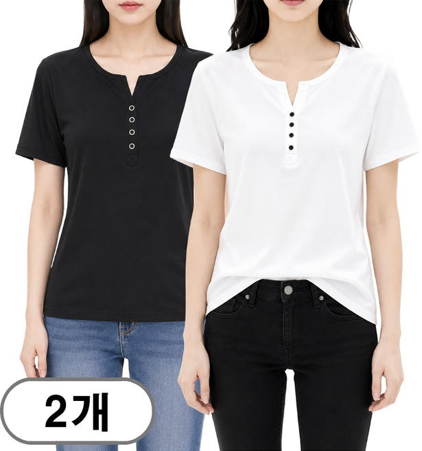차쿠 1+1 여성 빅사이즈 브이넥 반팔티 브이넥 반팔 티셔츠