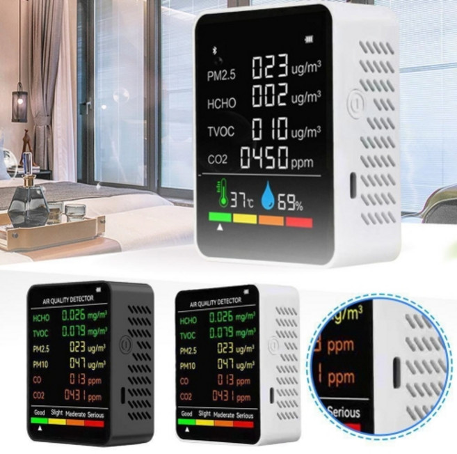 티앤디 공기질 측정기 TVOC HCHO PM2.5 CO2 충전식 휴대 7in1, 1개