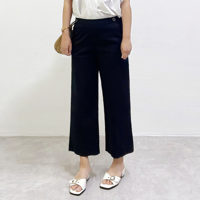 [블랙 린넨 팬츠 9부] 검정 린넨 블렌드 9부 세미와이드 밴딩 팬츠 44 55 66 77 블랙 여름 바지