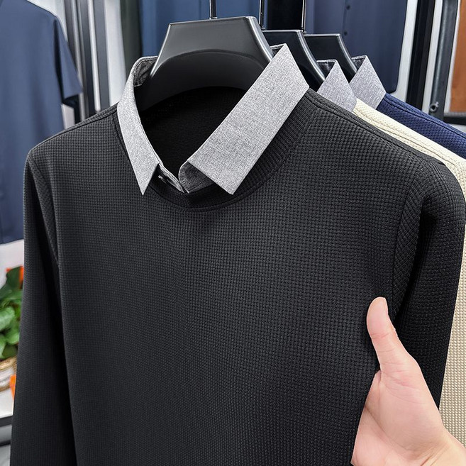 봄 가을 남성 레이어드 셔츠 빅사이즈 페이크 투피스 터틀넥 긴팔 니트 패션 남자 니트티 긴소매 상의 YJW