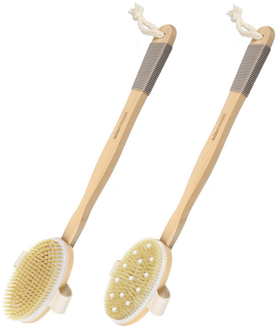 POPCHOSE 긴 핸드 분리형 바디 브러쉬 등드름 등밀이 목욕 샤워솔 +1개 리필 마사지 브러쉬, 우드, 2개, 1세트