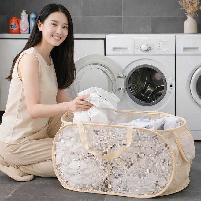 접이식 매쉬 손잡이 대용량 장난감 정리함 가로형 빨래 세탁 바구니, 베이지
