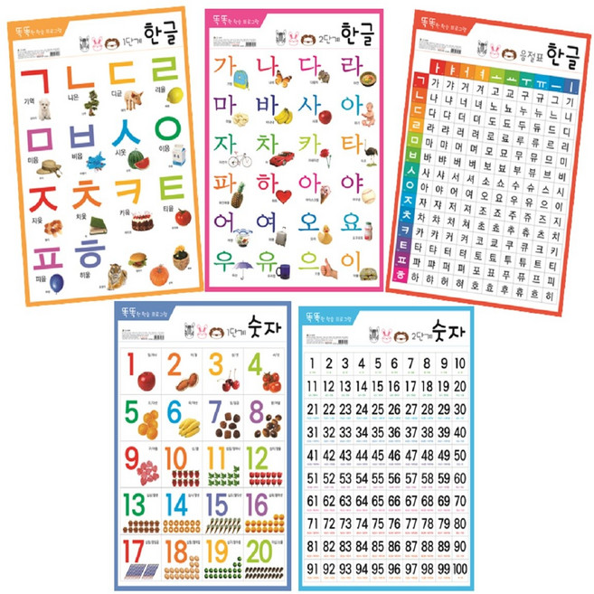 코팅벽보 5종세트 - 한글1단계.한글2단계.한글음절표.숫자1단계.숫자2단계