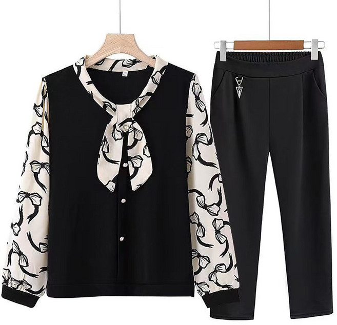 지고다그 중년 여성용 봄가을 셔츠 배색 리본 블라우스 + 팬츠 세트 엄마룩 투피스 HH1714