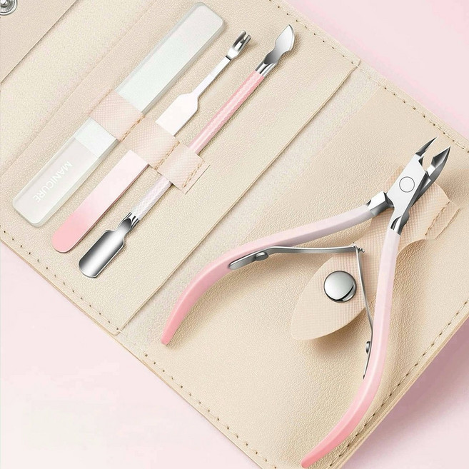 애니데코 전문가용 매니쿠어 4종세트 가죽케이스, 1세트, 글라데이션 핑크 4종