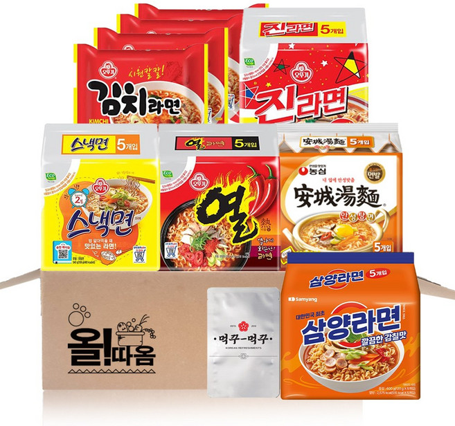농심 오뚜기 삼양 팔도 멀티라면 안성5+진매5+열라면5+스낵5+김치4+삼양5+라면스프1, 1세트