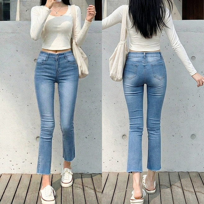 멜로 펀치 허리 스판 세미 여성 부츠컷 청바지 옆트림 일자 데님 팬츠 봄 여름 가을
