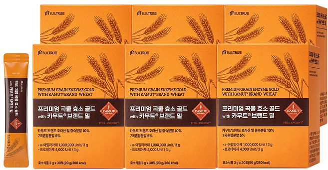 빌트루 프리미엄 곡물 효소 골드 with 카무트 브랜드 밀 100만 역가 30포, 90g, 6박스