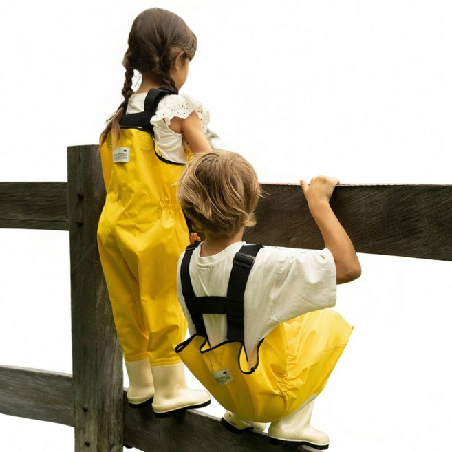 웜업 어린이가슴장화 일체형 /갯벌장화 모래놀이 키즈장화 해루질 장화 조개잡이 낚시장화, 220, 옐로우