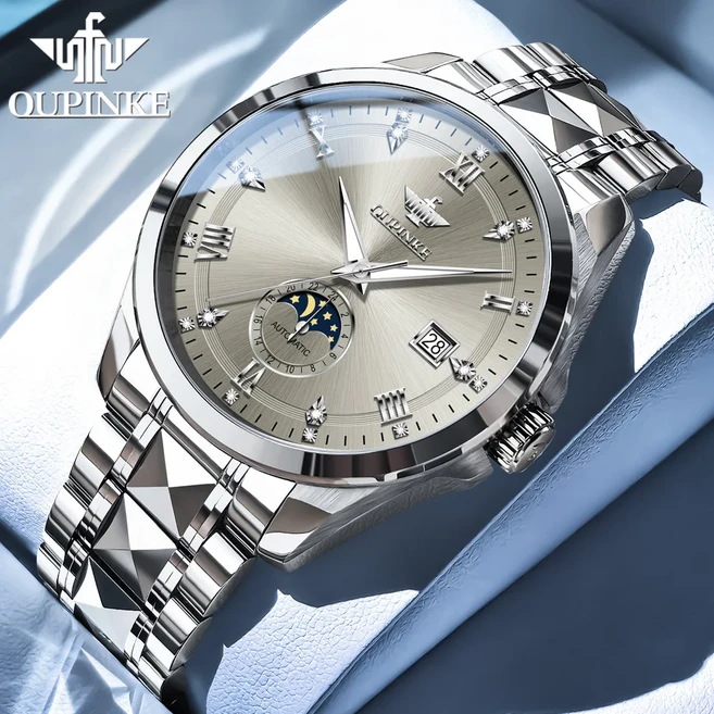 보관함 케이스 OUPINKE 3265 남성용 시계 고급 오토매틱 기계식 50M 방수 문페이즈 날짜 선물 상자, 01 빠른  Mainland, 02 Silver Grey