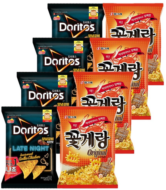 롯데 크라운 과자세트 도리토스 양념갈비치킨 84gx4개+꽃게랑 70gx4개 (총8개), 616g, 1세트
