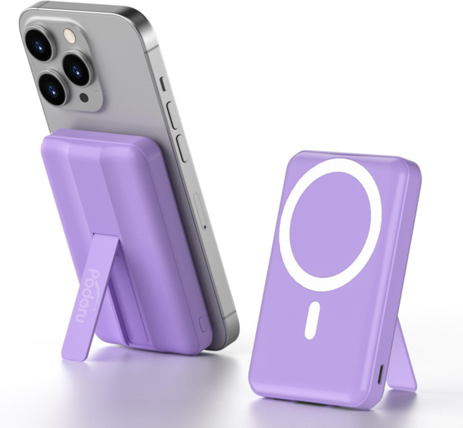 Podoru 맥세이프 호환 보조배터리 10000mAh 고속 PD22.5W 무선충전 휴대용 아이폰 대용량 거치대, 퍼플, KT-D001