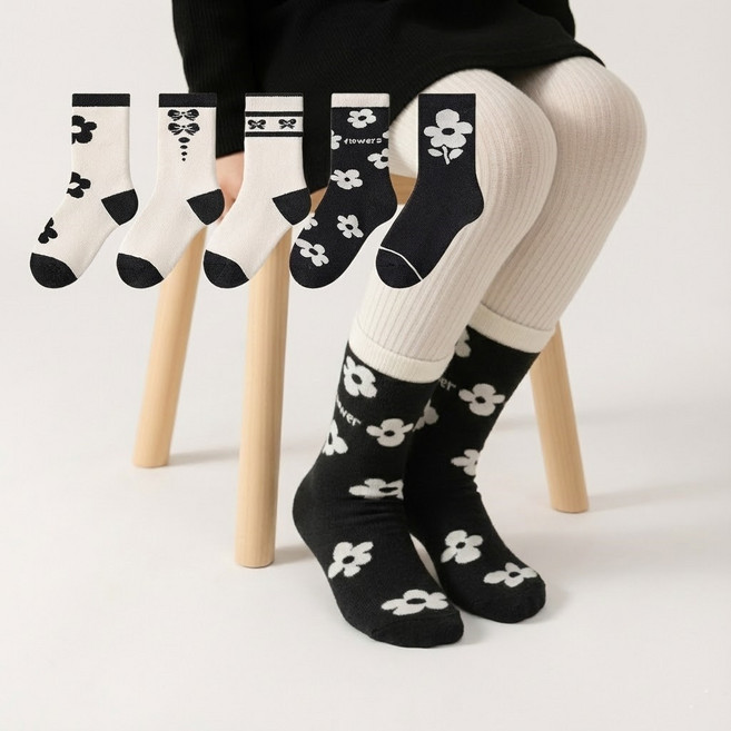 아동용 어린이 겨울용 따뜻한 플라워 중목 양말 5켤레 세트