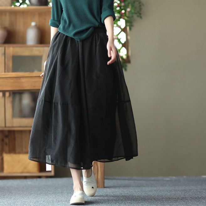 Makone 여성 솔리드 패치워크 샤스커트 데일리 샤랄라 롱 스커트 스타일리쉬