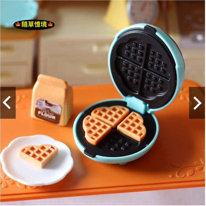 隨草憶境 迷你仿真小熊鬆餅機，可換造型烤盤，袖珍電烤箱，BJD食玩廚房微縮場景, 一組入（鬆餅機+一般鬆餅+小熊頭鬆餅）