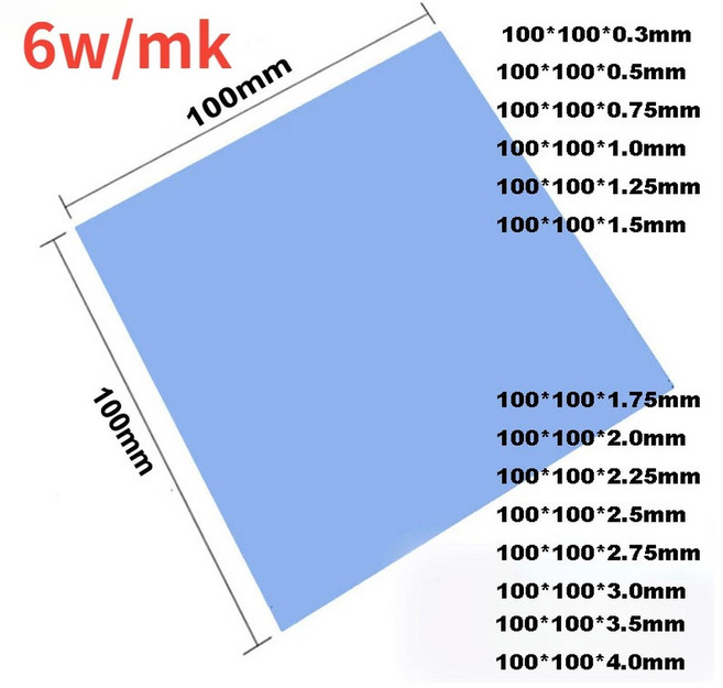 0.75 우수한 실리콘 GPU 방열판 전도성 패드 패드 고성능 1.75mm 두께 열 냉각 22w 1.25 20w 17w 15w CPU, 6w Blue, 2) 6w  Blue - 100X100X0.75mm, 1개