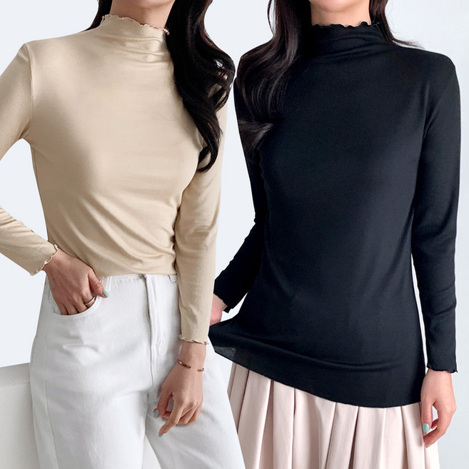 (1+1) 빅사이즈 66-110 여성 물결 셔링 목티 목폴라 반목 티셔츠 2장