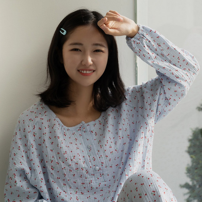 마른파이브 여성용 리틀 체리 라운드넥 순면 요루 잠옷 파자마 세트