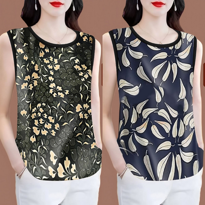 Neirny 1+1 중년 여성 빅사이즈 나시 티셔츠 여름용 엄마룩 스판 냉장고 라운드 고급 이너 루즈핏 패션 프린트 민소매 고급 상의 2매입