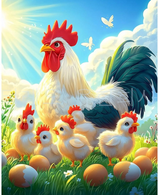 DIY 보석십자수 세트 40x50cm 돈들어오는 보석 비즈 십자수 대형 큐빅 십자수 DIY 비즈공예 (액자 없음), 1개, 닭 가족