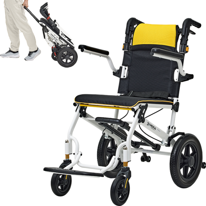 2H메디컬 핸디 휠체어 프라임 10KG 등받이높이조절 경량 수동 접이식 휠체어, 1개, 핸디프라임 옐로우
