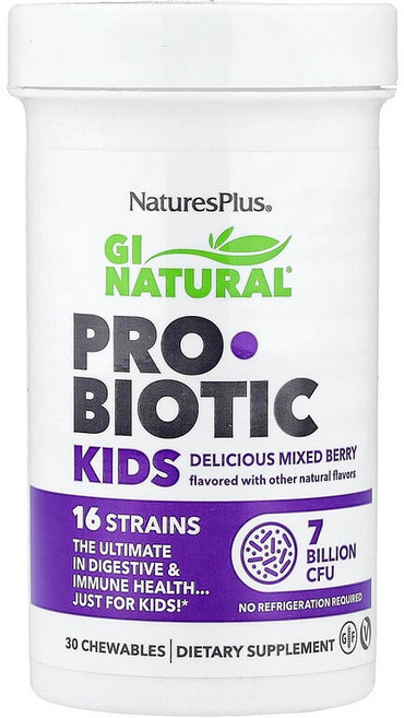 NaturesPlus GI Natural 프로바이오틱 키즈 혼합 베리맛 70억CFU 츄어블 30개, One Color, 1개