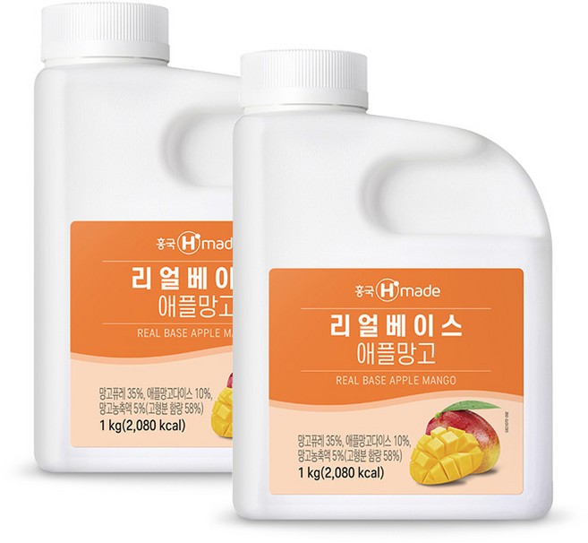 흥국 애플망고 리얼베이스 1kg 에이드음료원액(아이스포장), 2개
