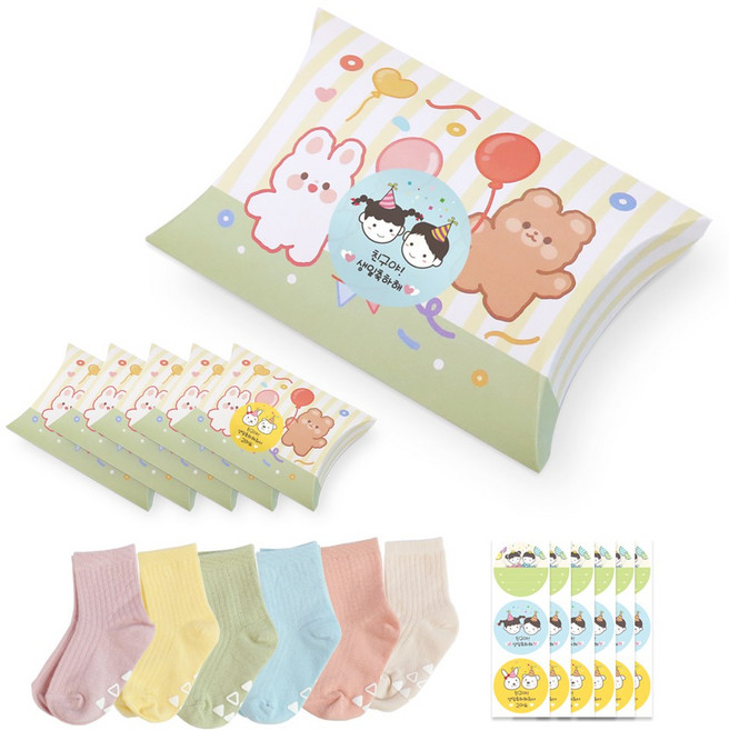 니즈엘 유치원 구디백 양말 어린이집 생일 답례품 단체 선물 4호, [6종]큐티반달상자_파스텔양말(4호)_스티커3종, 1세트